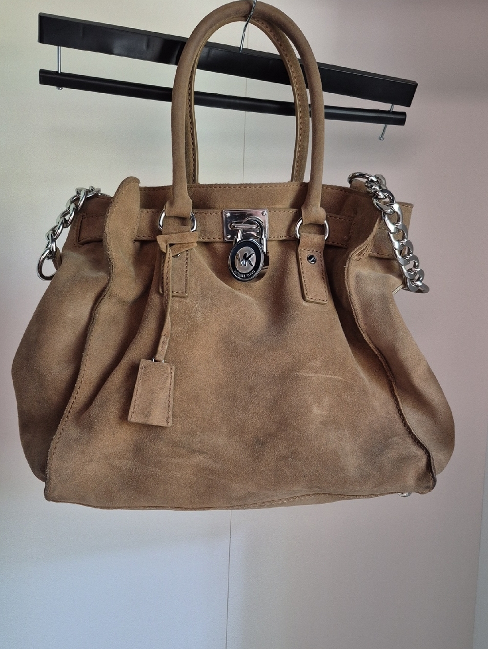 Michael Kors Suede Satchel in Tan Brown with Silver Hardware